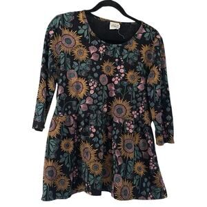 Mata Traders Floral Print Tunic 3/4 Sleeve Black Organic Cotton Peplum Sz Large